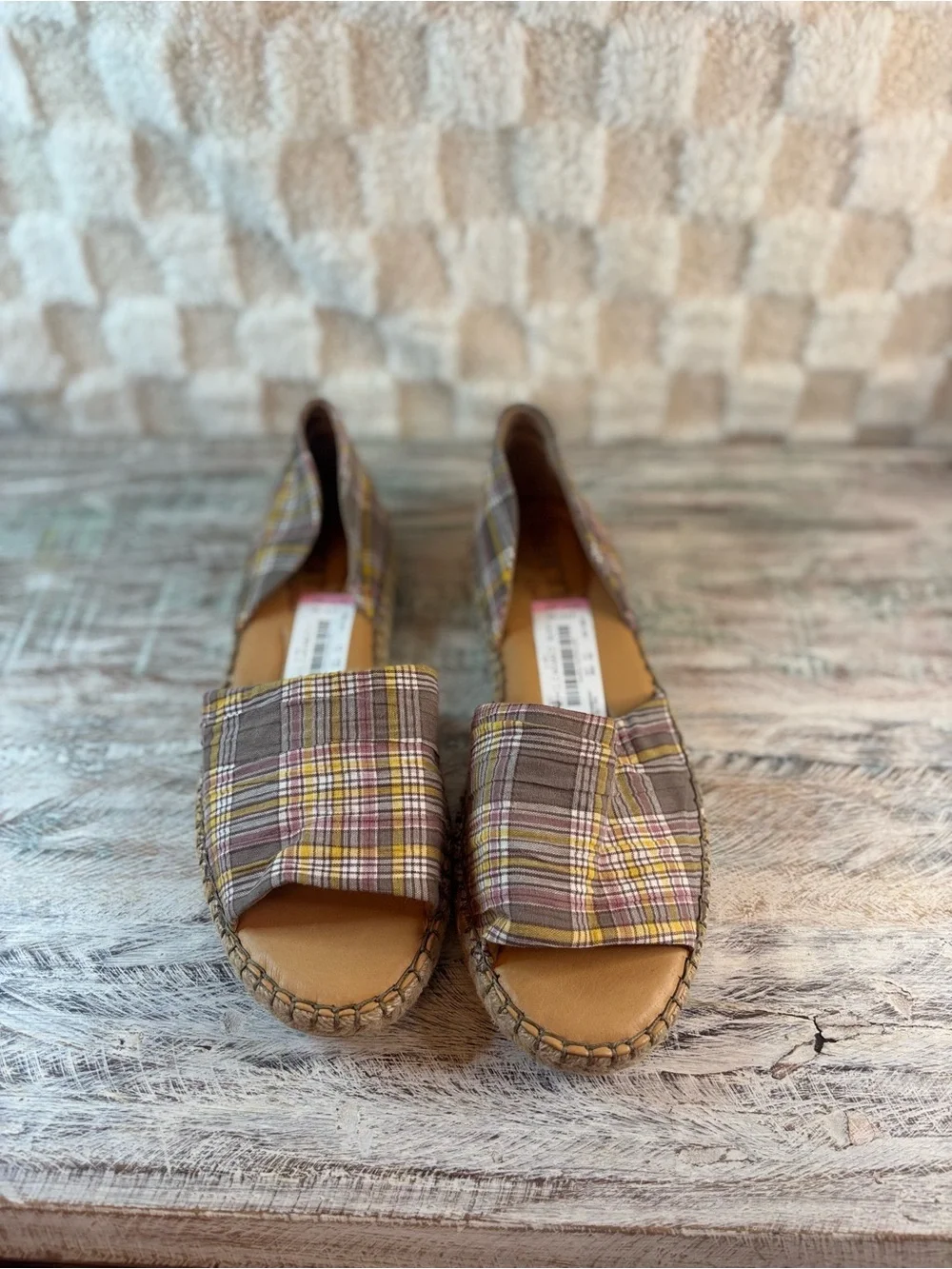 Born Seak Slip on Women’s Plaid Peep-Toe Espadrille Sandals - Yellow/Brown